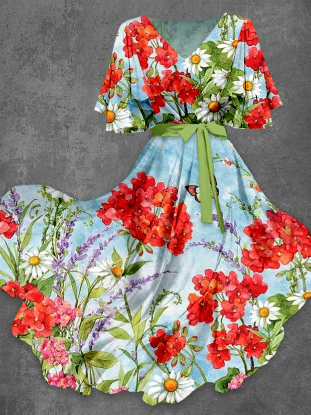 Floral Print V-Neck Vintage Chic Short Sleeve Midi Dress