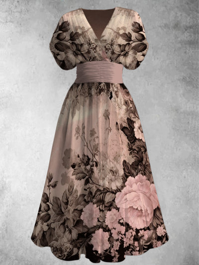 Retro Floral Art Print Elegant V-Neck Chic Short Sleeve Maxi Dress