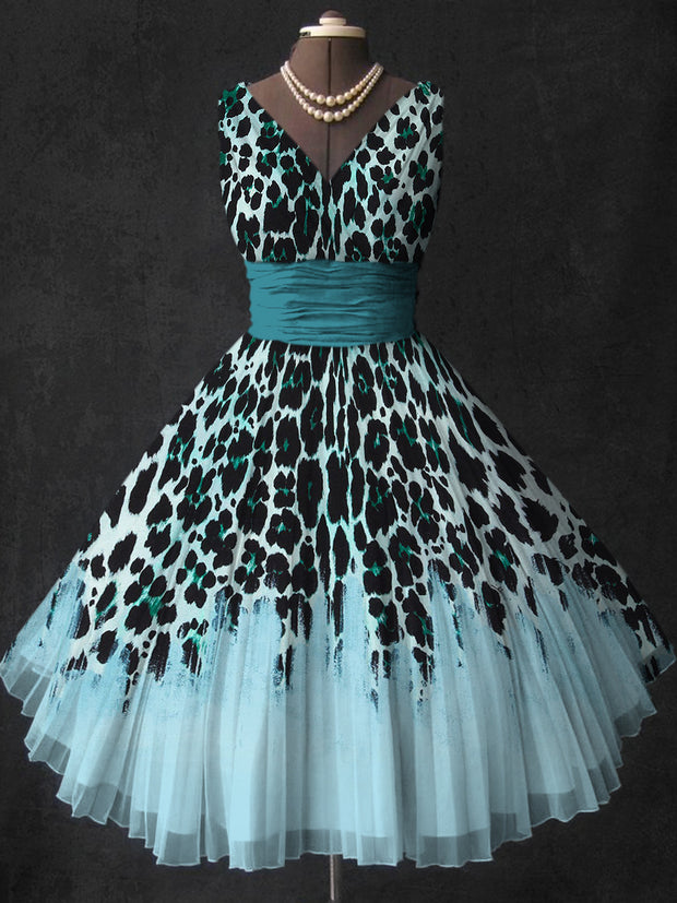 Leopard Art Print V-Neck Vintage Fashion Sleeveless Midi Dress