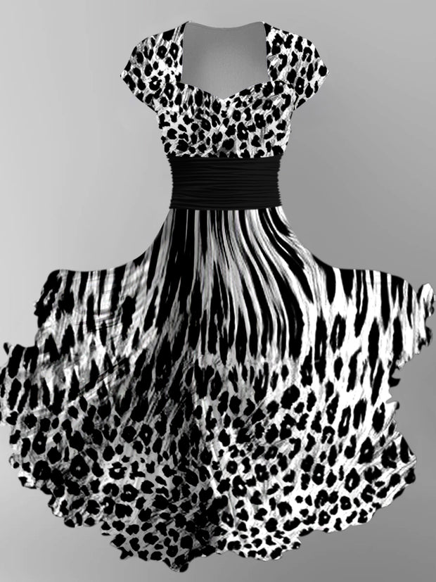 Leopard Print Vintage Chic Short Sleeve Midi Dress