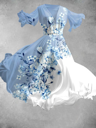 Floral Art Print V-Neck Vintage Chic Short Sleeve Flowy Midi Dress