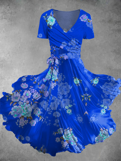 Blue Floral Art Print V-Neck Vintage Short Sleeve Two Piece Midi Dress