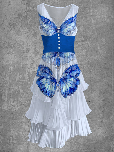 Vintage Butterfly Art Print Sleeveless V Neck Button Elegant Chic Flowing Cake Midi Dress