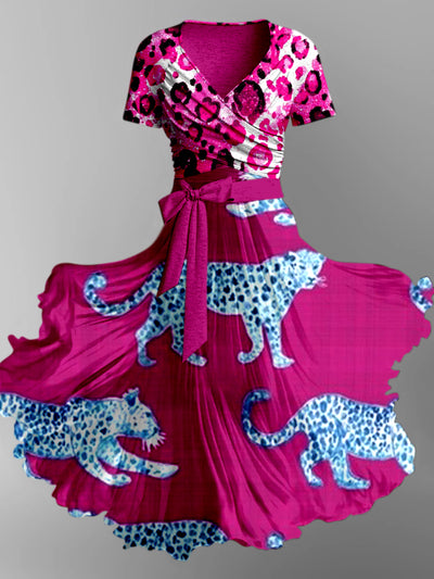 Leopard Art Print Vintage V-Neck Short Sleeve Two-Piece Midi Dress