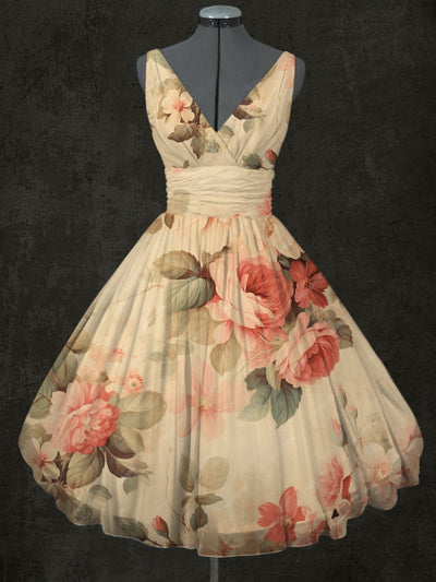 Floral Art Print V-Neck Vintage Fashion Sleeveless Midi Dress