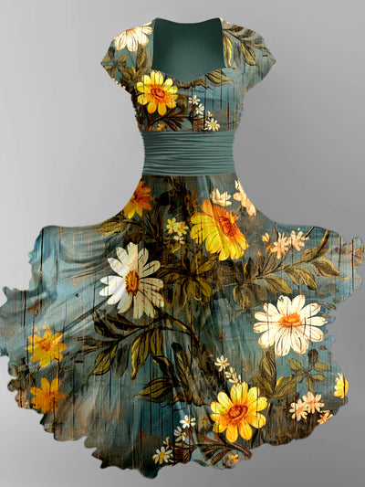 Floral Art Print Vintage Chic Short Sleeve Midi Dress