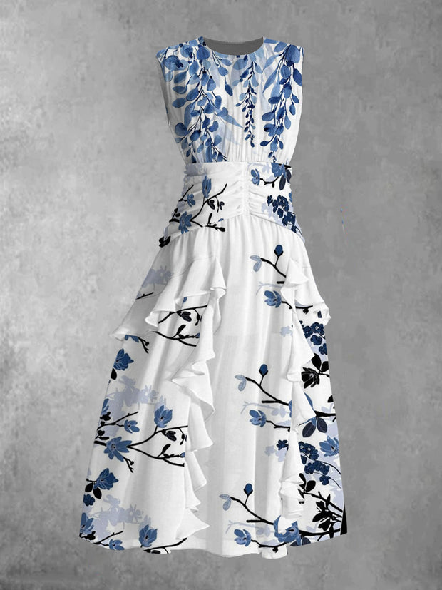 Vintage Floral Print Elegant Chic Sleeveless Midi Dress