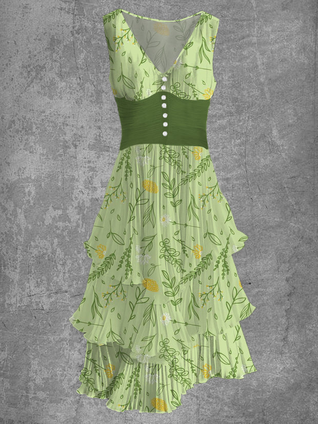 Leaf Art Print Sleeveless V-Neck Button Up Retro Midi Dress