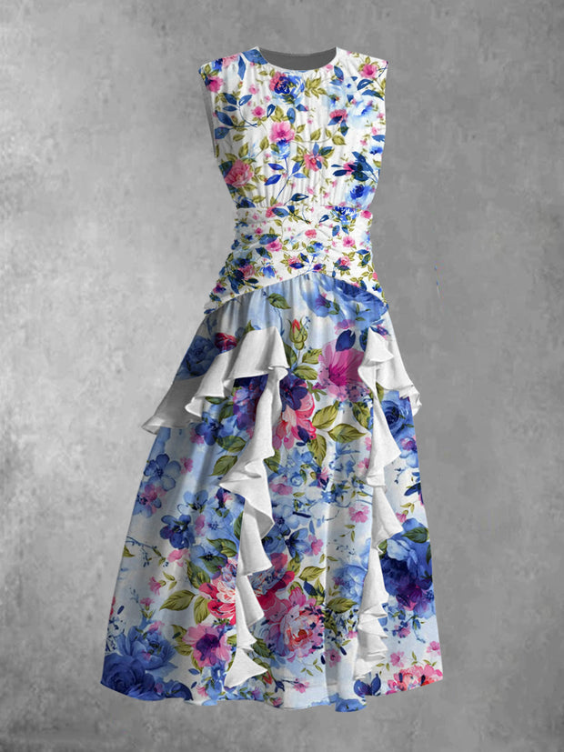 Vintage Floral Print Elegant Chic Sleeveless Midi Dress