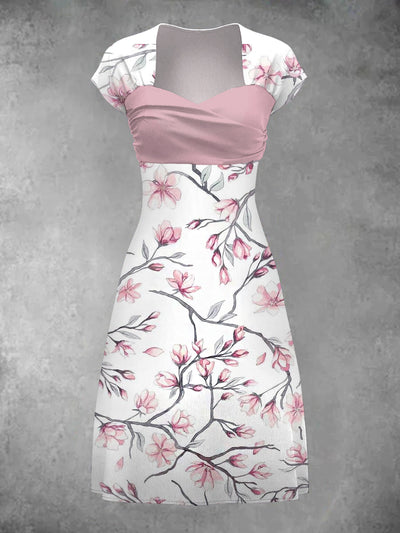 Vintage Floral Art Print Elegant Chic Short Sleeve Mini Dress