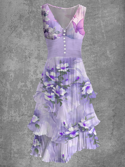 Floral Art Print Sleeveless V-Neck Button Up Retro Midi Dress
