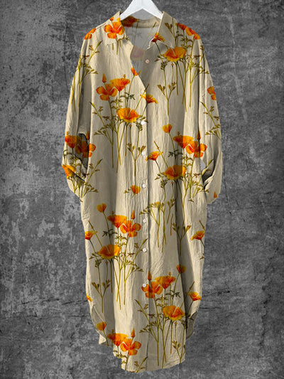 Vintage Floral Art Print Chic Long Sleeve Casual Shirt Dress