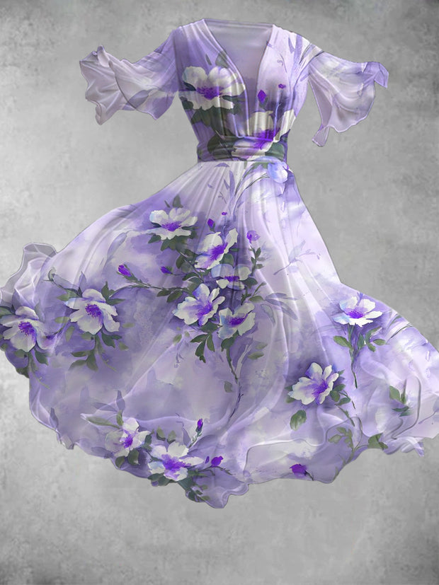 Vintage Floral Art Print V-Neck Short Sleeve Flowy Midi Dress