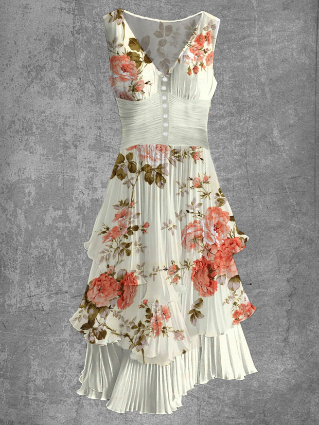 Floral Print Sleeveless V-Neck Button Up Retro Midi Dress