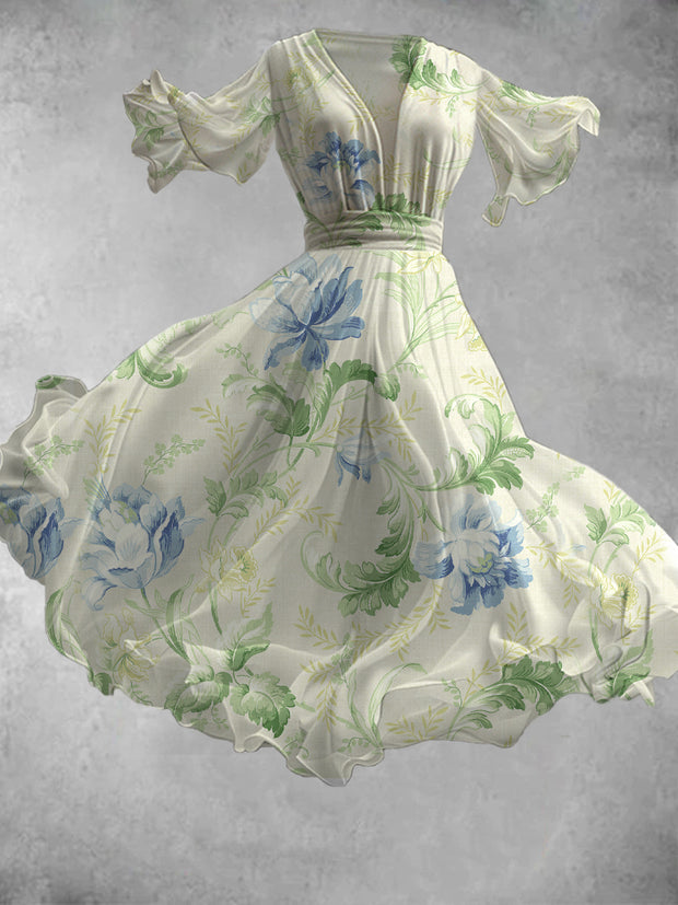 Vintage Floral Art Print V-Neck Short Sleeve Flowy Midi Dress