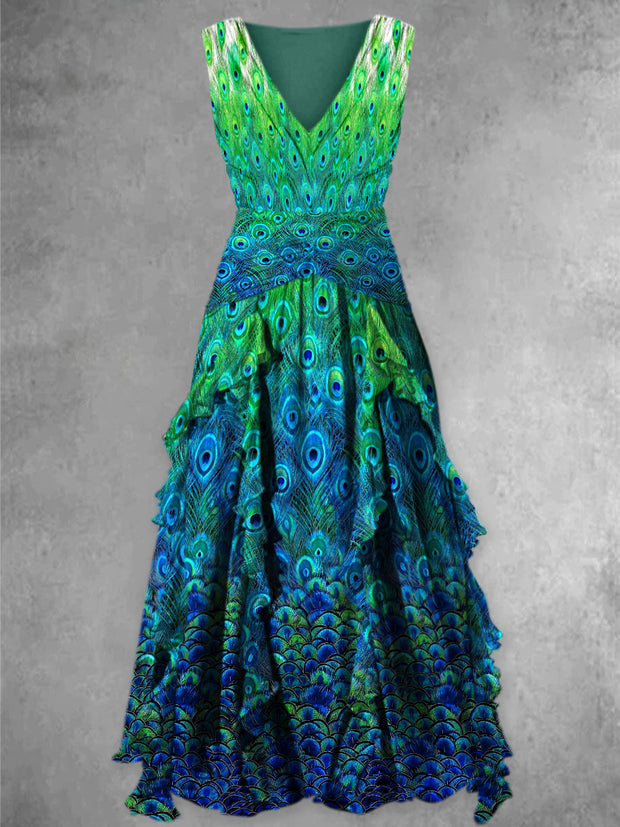 Peacock Feather Art Print Vintage V-Neck Sleeveless Maxi Dress