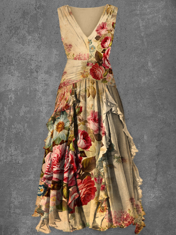 Floral Art Print Vintage V-Neck Sleeveless Maxi Dress