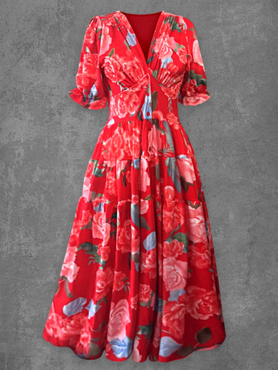 Floral Art Print Vintage Chic V-Neck Button Up Short Sleeve Midi Dress