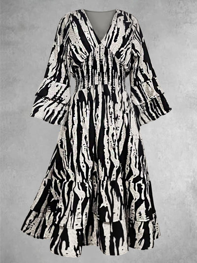 Abstract Color Print Vintage Chic V-Neck Multilayer Half Sleeve Midi Dress