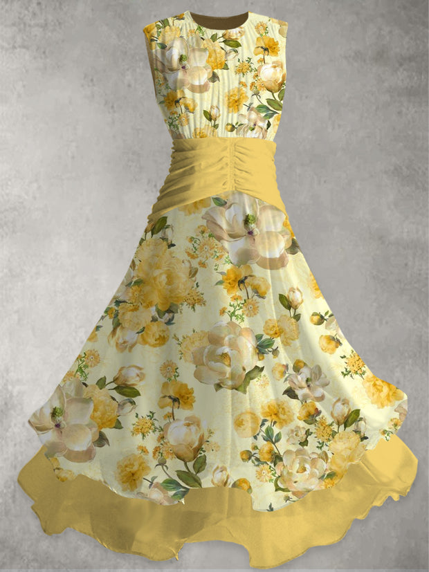 Floral Art Print Vintage Elegant Double Layer Sleeveless Maxi Dress