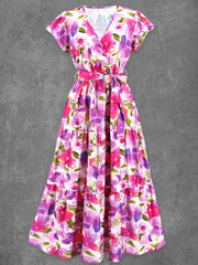 Retro Glam Floral Art Printed V-Neck Vintage Chic Strap Short Sleeve Maxi Dress