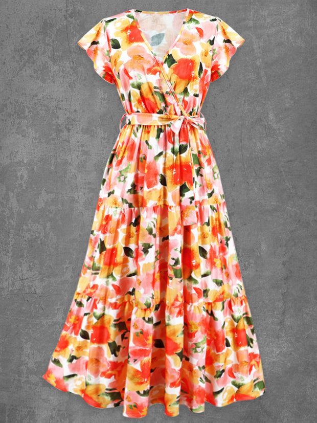 Retro Glam Floral Art Printed V-Neck Vintage Chic Strap Short Sleeve Maxi Dress