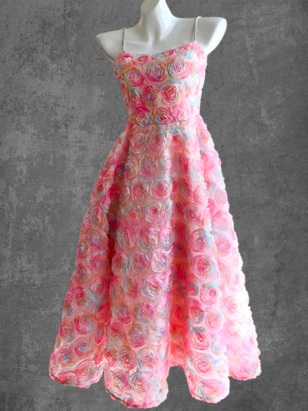 Retro Glam Lace Flower Print Vintage Chic Crystal Slip Luxury Evening Midi Dress