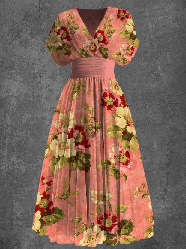 Retro Floral Art Print Elegant V-Neck Short Sleeve Maxi Dress