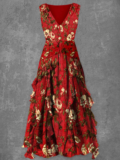 Floral Art Print Vintage V-Neck Sleeveless Maxi Dress
