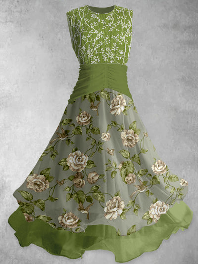 Floral Art Print Vintage Elegant Double Layer Sleeveless Maxi Dress