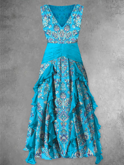Boho Art Print Vintage V-Neck Chic Sleeveless Maxi Dress