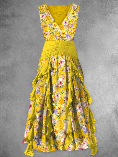 Floral Art Print Vintage V-Neck Chic Sleeveless Maxi Dress