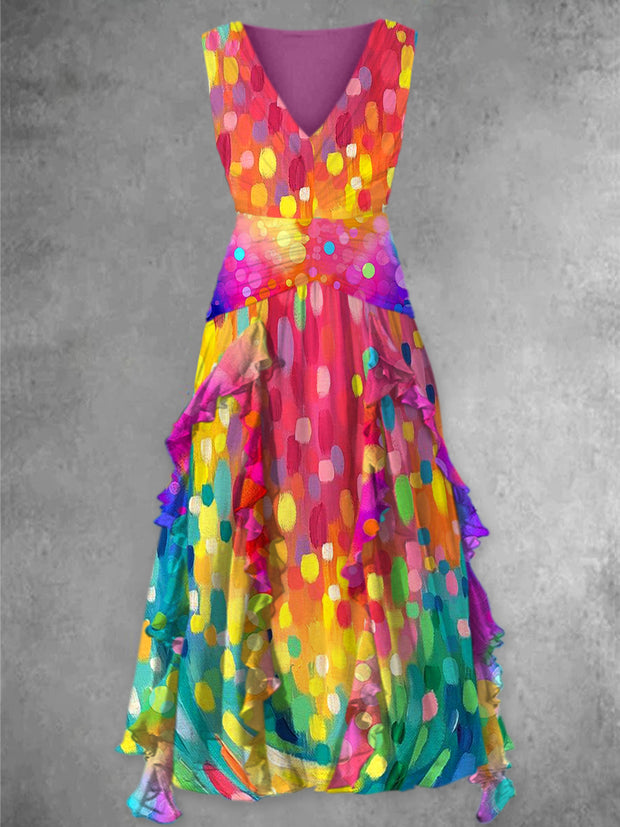 Abstract Color Art Print Vintage V-Neck Chic Sleeveless Maxi Dress