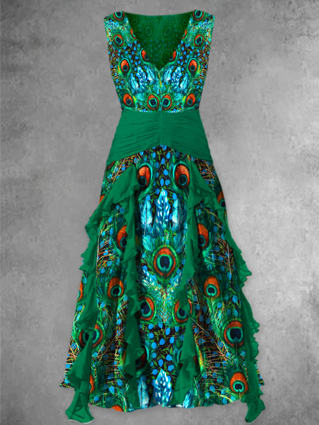 Peacock Feather Art Print Vintage V-Neck Chic Sleeveless Maxi Dress