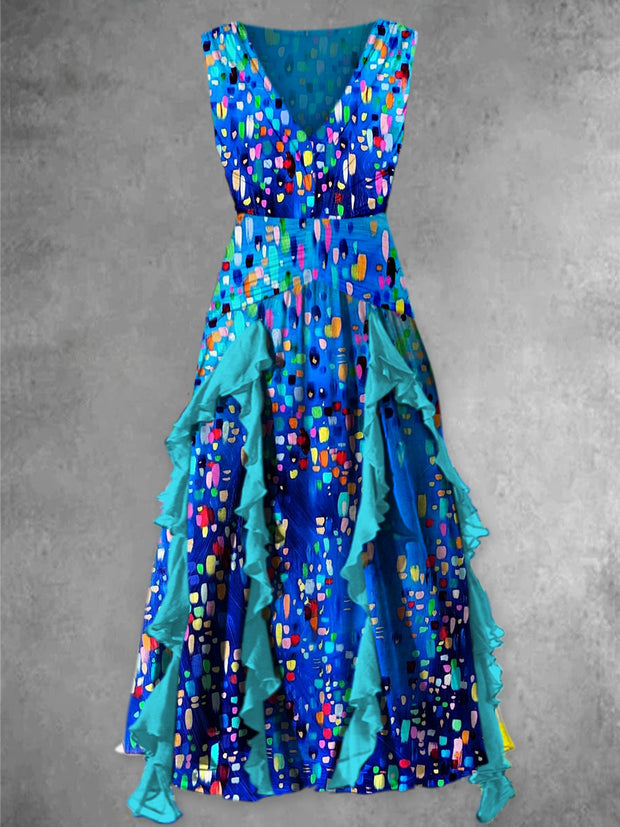 Abstract Color Art Print Vintage V-Neck Chic Sleeveless Maxi Dress