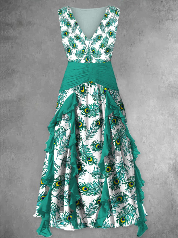Peacock Feather Art Print Vintage V-Neck Chic Sleeveless Maxi Dress