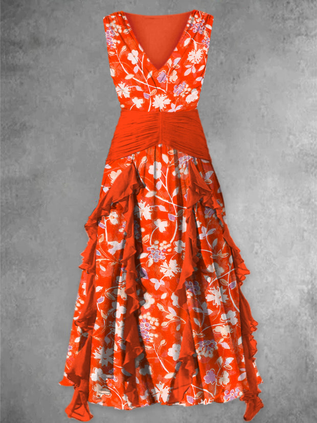 Boho Floral Art Print Vintage V-Neck Sleeveless Maxi Dress