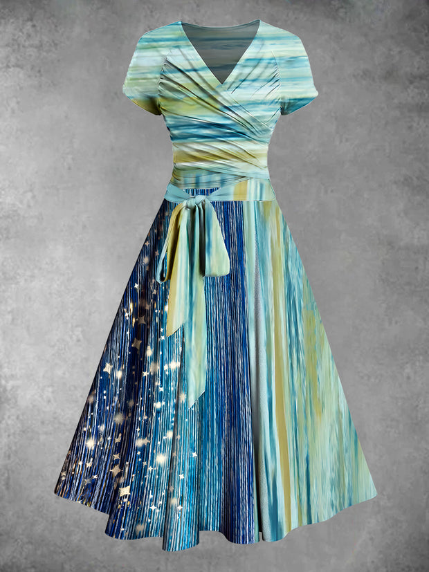 Abstract Art Print Vintage V-Neck Short Sleeve Two-Piece Midi Dress