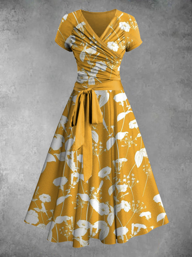 Floral Art Print Vintage V-Neck Short Sleeve Two-Piece Midi Dress