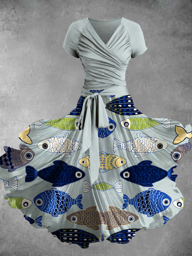 Fish Art Print Vintage V-Neck Short Sleeve Two-Piece Midi Dress