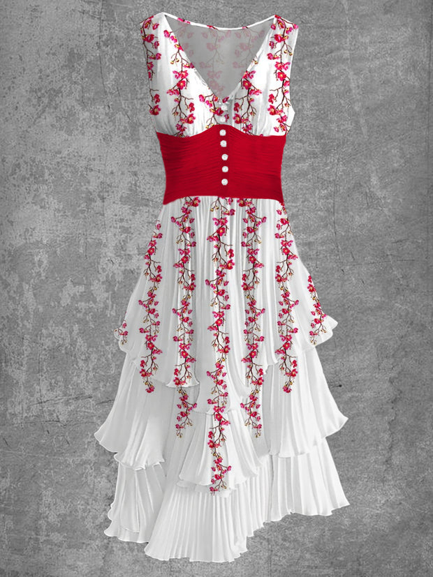 Floral Art Print Sleeveless V-Neck Button Up Retro Midi Dress