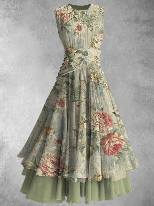 Retro Floral Art Print  Elegant Chic Double Layer Sleeveless Maxi Dress