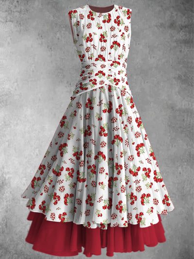 Retro Floral Art Print  Elegant Chic Double Layer Sleeveless Maxi Dress