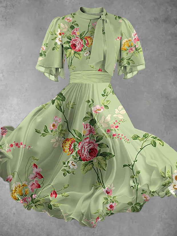 Floral Print Short Sleeve Round Neck Vintage Elegant Midi Dress