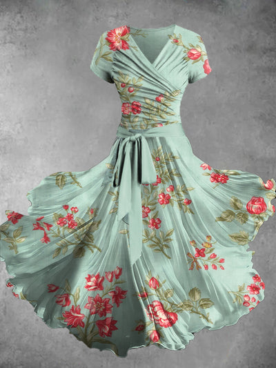 Floral Print Short Sleeve V-Neck Vintage Two-Piece Midi Dress