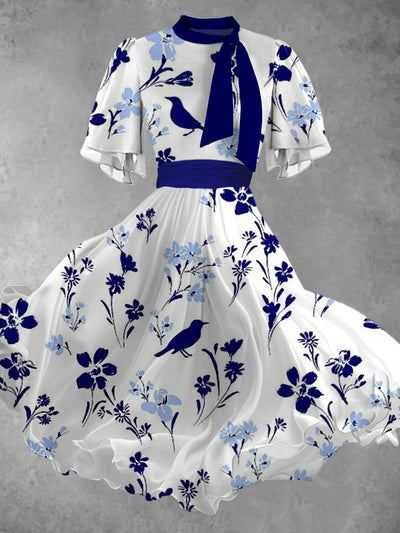 Floral Print Short Sleeve Round Neck Vintage Elegant Midi Dress