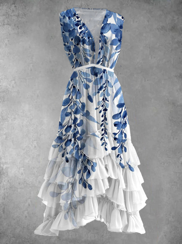 Leaf Art Print V-Neck Retro Elegant Sleeveless Prom Dress
