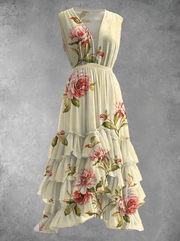 Floral Art Print V-Neck Retro Elegant Sleeveless Prom Dress