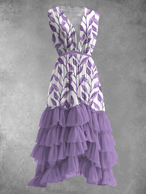Purple Leaf Art Print V-Neck Retro Elegant Sleeveless Prom Dress