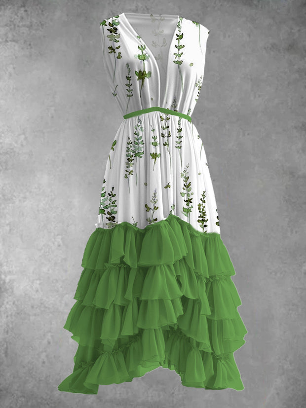 Leaf Art Print V-Neck Retro Elegant Sleeveless Prom Dress
